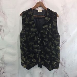 Vintage Vest Mens Medium Black 80s Glam Gold Velvet Formal Satin Party Rock